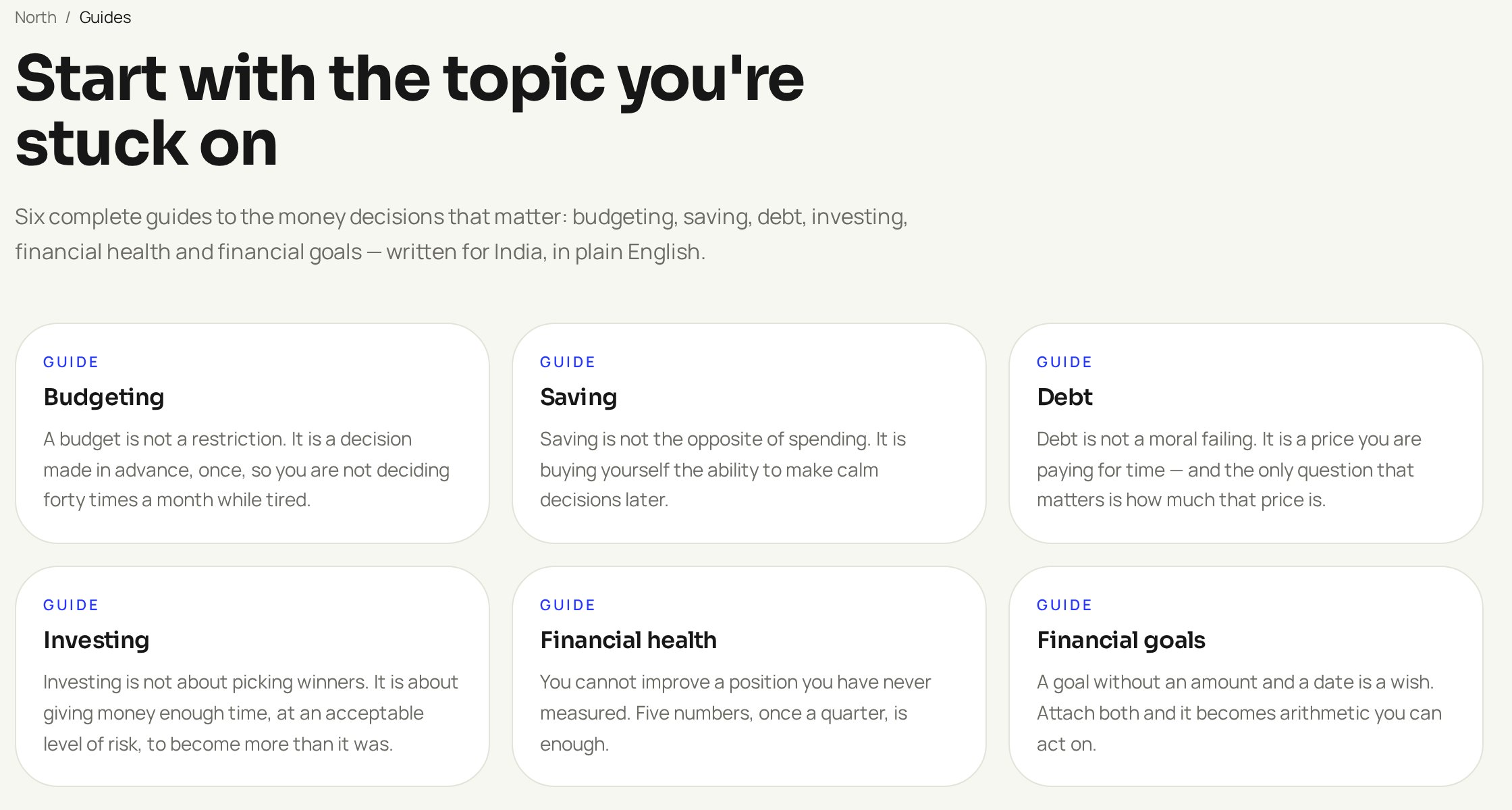 North's guides page listing six money guides: budgeting, saving, debt, investing, financial health and financial goals.